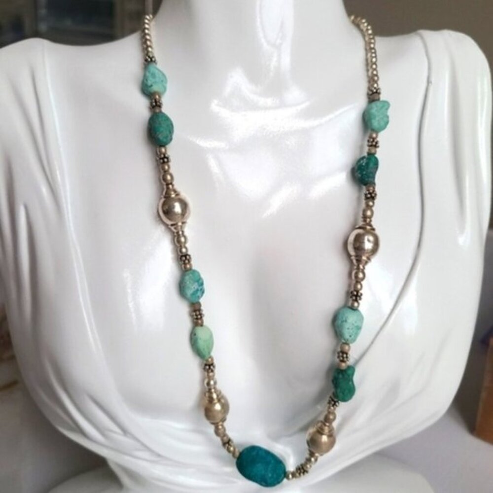 Vintage Sterling Silver Chunky Beaded Natural Turquoise Boho Western Necklace